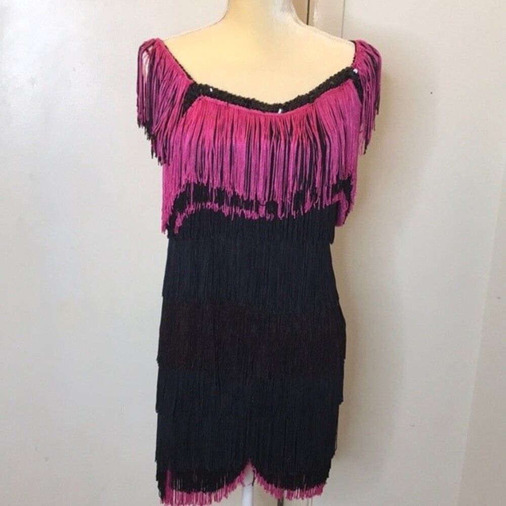 Vintage‎ vassarette black and pink all over  party fringe dress size small